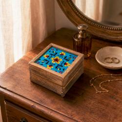 Secret Lock Box Mango Wood with Tile - Floral on Blue