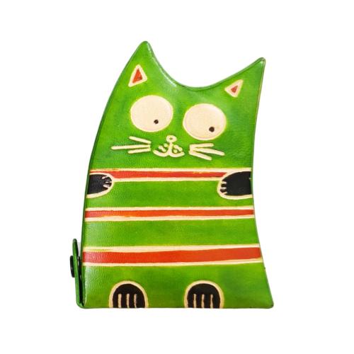 Leather Money Box Leaning Cat Green 10 x 3.5 x 13.5cm