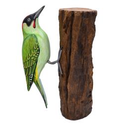 Green woodpecker on tree trunk, hand carved and painted 15 x 10 x 23cm