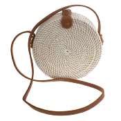 Shoulder bag, rattan, round, faux leather strap, white