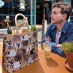 Jute shopping bag, square, black and white sheep