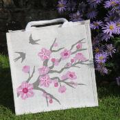 Jute shopping bag, square, cherry tree with swallows
