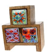 Wooden mini chest, 2+1 ceramic drawers