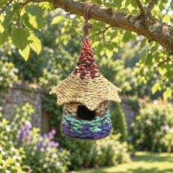 Birdhouse recycled fabric in wizard hat shape, 25x25x31cm, made in India