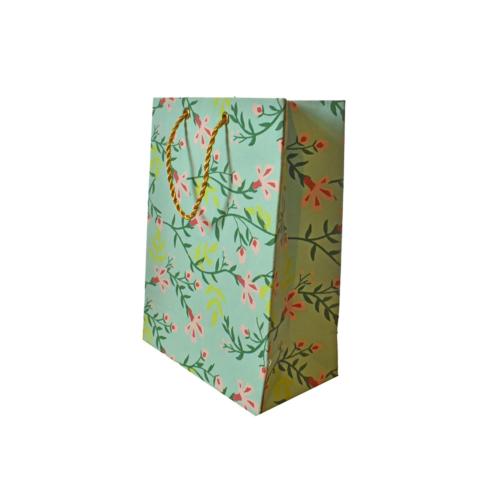 Gift Bag Handmade Paper Floral Design on Light Blue 13 x 18 x 7cm