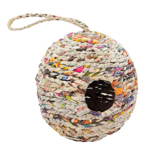 Bird house, woven recycled newspaper on frame, oval