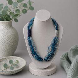 Necklace, Recycled Shrimp Net Tied Up Blue Turquoise Grey