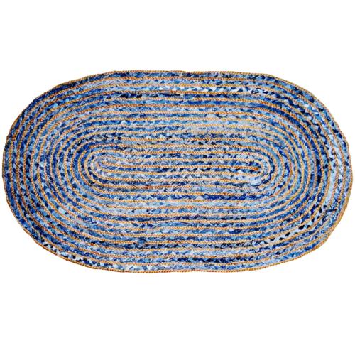 Rug, recycled denim + jute oval blue, 70x120cm