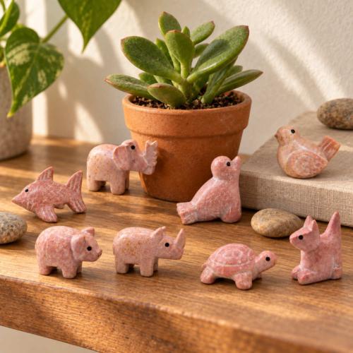 Pink kisii stone set of 8 different animals