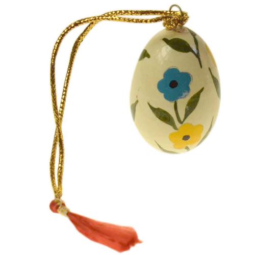Hanging egg decoration, blue/yellow flowers on cream, papier maché, 4.5cm height