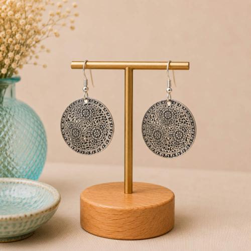 Earrings Round floral, black on silver 3cm diameter