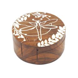 Puzzle Box Round Dragonfly Sheesham Wood 10 x 10 x 6cm