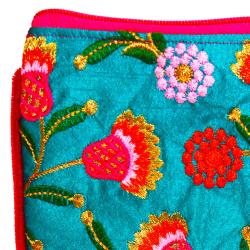 Carry/pouch bag, embroidered flowers on turquoise