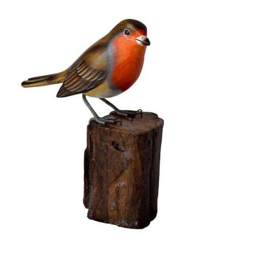 Robin on tree trunk, hand carved wooden indoor/garden ornament 12cm