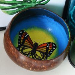 Coconut bowl, painted butterfly