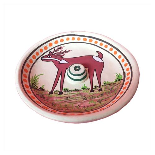 Incense holder/ashcatcher round, painted clay deer design