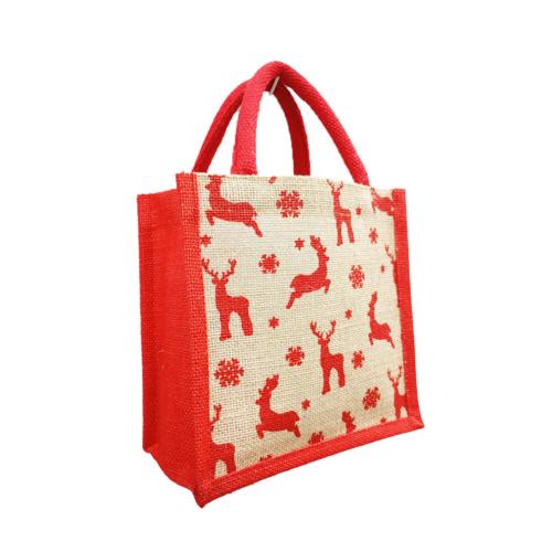 Jute Christmas gift bag, reindeer design, 20x20cm