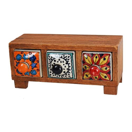 Wooden mini chest with 3 brightly coloured drawers 21.5 x 10 x 11cm
