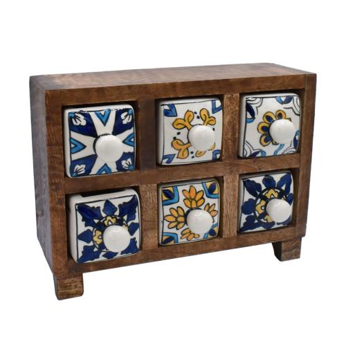 Wooden mini chest with 6 blue yellow & white drawers 24 x 17 x 11.5cm