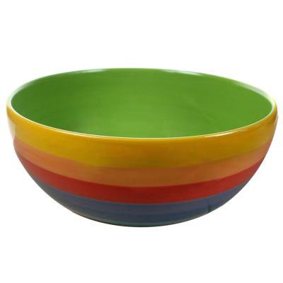Salad bowl rainbow horizontal stripes ceramic hand painted 20cm diameter