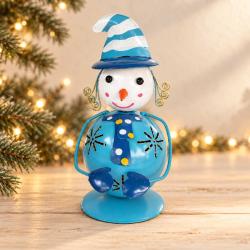Lets Boogie, Blue Snowman Christmas Ornament, wearing a striped hat, size 10x10x18cm