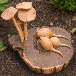 Handcrafted Woodland Sculpture with Three Mice and Toadstools