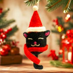 Hanging Decoration Handcrafted Felt Black Cat Red Hat 3x15cm