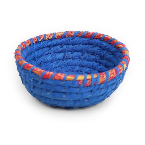 Round basket, recycled sari material and kaisa grass blue 15x7cm
