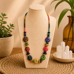 Necklace Handpainted Wooden Multicolour Button Shape Beads