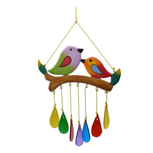 Mobile, recycled glass + wood, 2 birds with teardrops on strings multicoloured