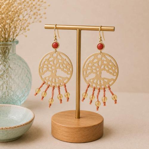 Earrings, brass tree of life, beaded strings