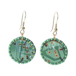 Earrings, recycled circuit board circle edged with glass beads