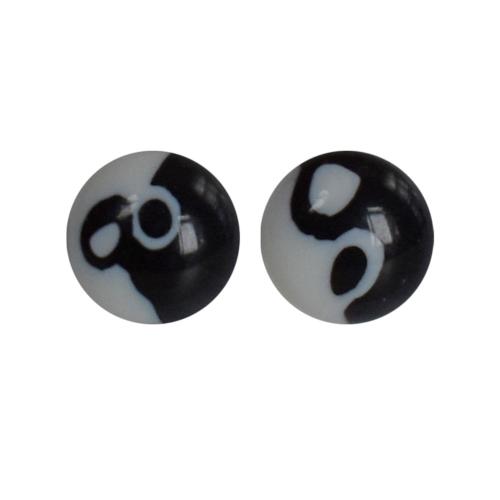 Ear studs, glass beads black and white, round 1cm diameter