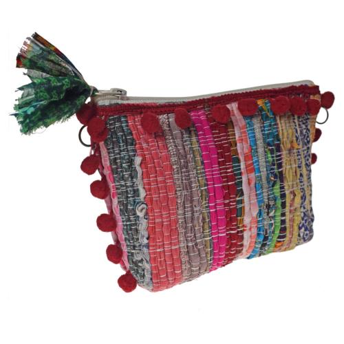 Rag chindi pouch purse with pompom recycled sari multicoloured 20x13cm