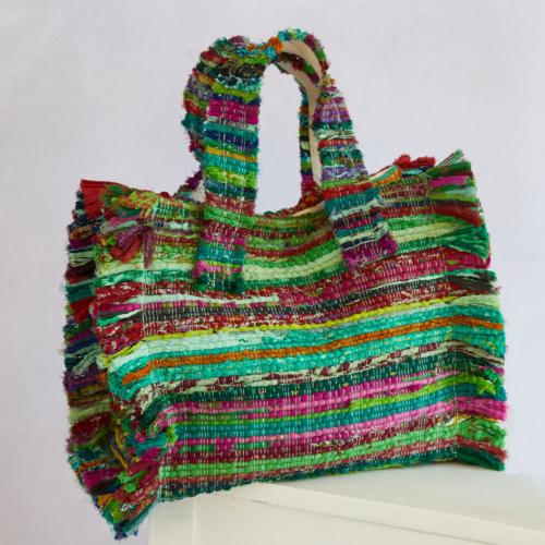 Rag chindi tote bag recycled sari base colour green 27x25x16cm