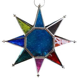 Lantern Tea Light Holder Hanging Star Recycled Glass, Blue Centre 27cm