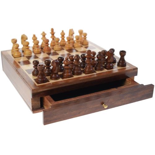 Small wooden chess set sheesham wood pieces in pullout drawer 16x16x3.5