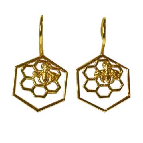 Earrings, gold colour, bee & honeycomb