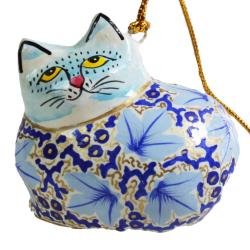 Hanging cat decoration, flowers on light blue, papier maché