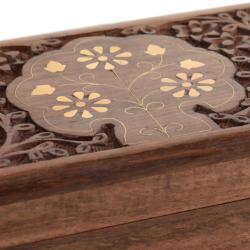 Secret Lock Box Hand Carved Sheesham Wood with Brass Inlay Flowers 15x10x5.5cm