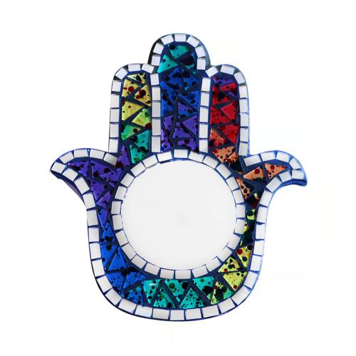 Mirror, glass mosaic speckled design multicoloured hamsa hand 18 x 20cm