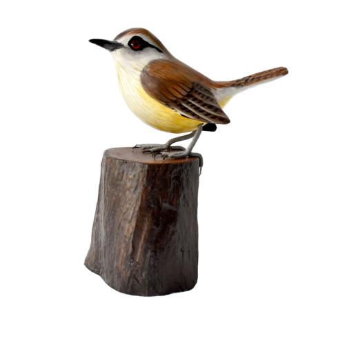 Wren on tree trunk, hand carved wooden indoor/garden ornament 12cm