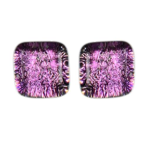 Ear studs, glass ‘Majen Aros Dichroic’ square pink 0.7 x 0.7cms