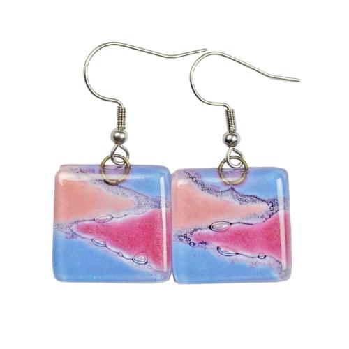 Earrings Recycled Glass Square Lilac Pink Rose 2 x 2cm