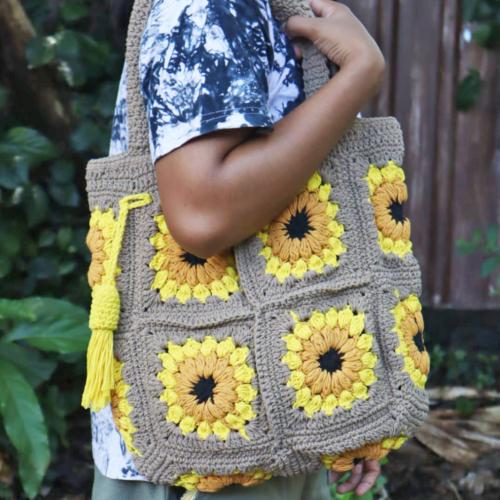 Shoulder / Tote Bag Crochet Yellow Black Flowers 34 x 60cm