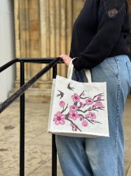 Jute shopping bag, square, cherry tree with swallows