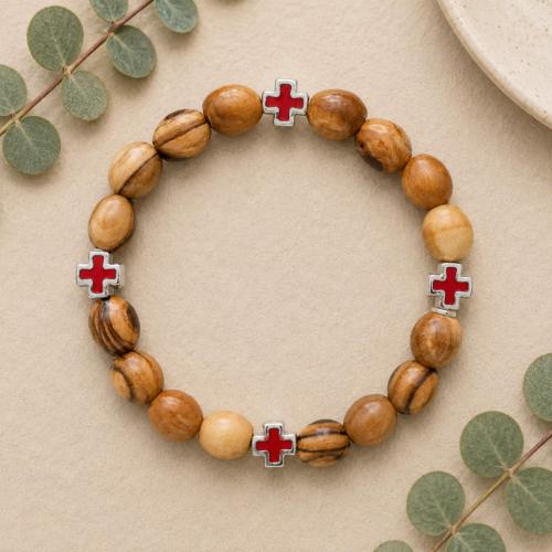 Bracelet olive wood beads with 4 crosses