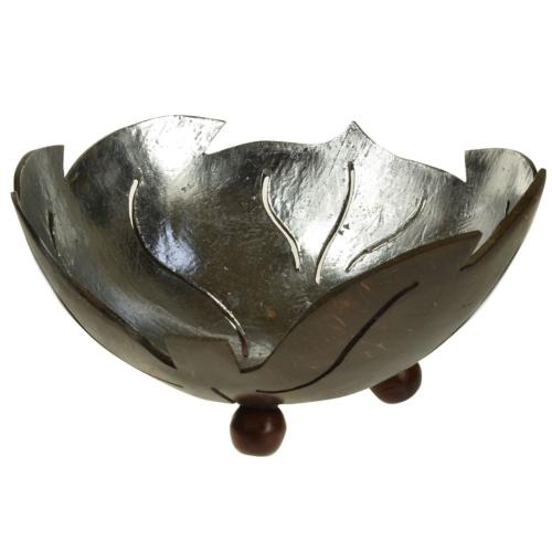 Coconut bowl silver colour lacquer inner, leaf design