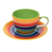 Coffee cup & saucer rainbow horizontal stripes ceramic hand painted