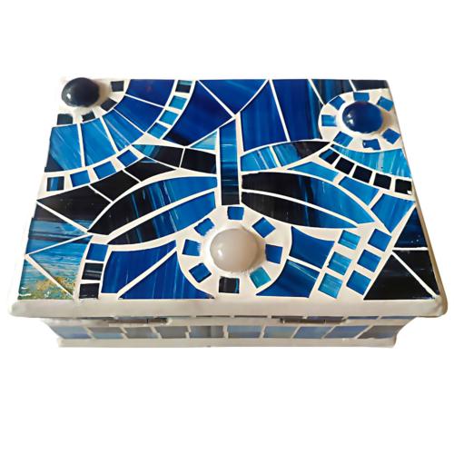 Jewellery box glass mosaic handmade blue 18x13x6cm